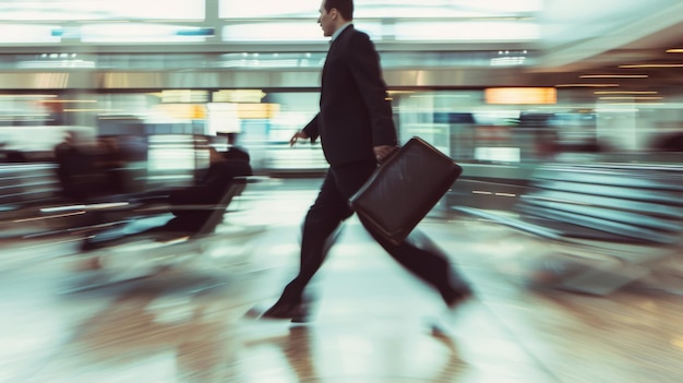 Photo a business professional in a hurry captured in motion with a briefcase at an airport terminal reflecting the dynamic and fastpaced corporate world