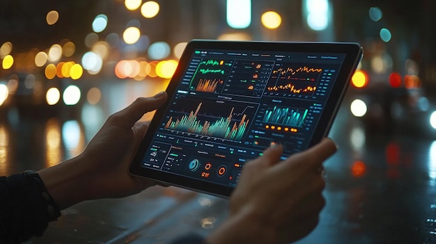 business professional intently analyzes data on a digital tablet in a modern office setting symboli