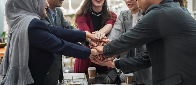 Business professional project teamwork their hands together group meeting work project success brainstorming idea community strategy smilexA