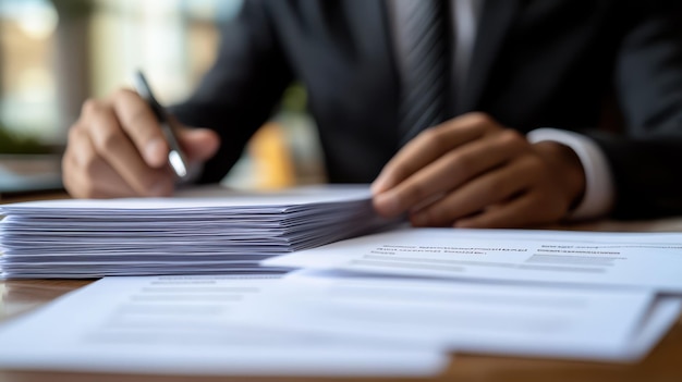 Photo a business professional reviews documents at a wooden desk during daylight hours