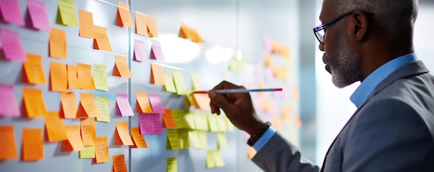 Business professional in a suit organizes colorful sticky notes