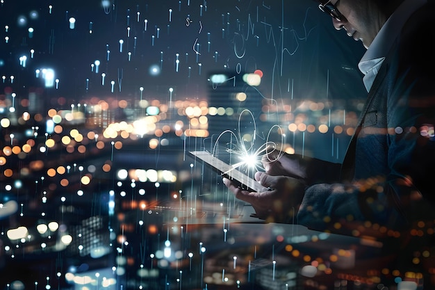 Business professional working on a laptop at night with a cityscape background digital technology