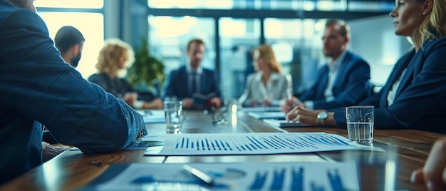 Photo business professionals in a boardroom meeting discussing charts and documents exhibiting teamwork and collaboration in a modern office setting