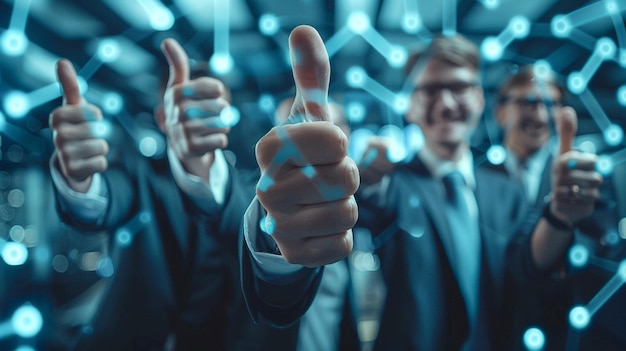 Photo business professionals celebrating success with thumbs up gesture in modern office setting