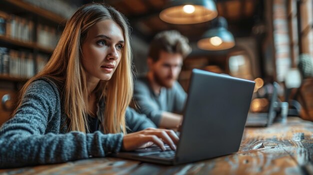 Business professionals collaborating in a modern workspace while focused on their laptops during