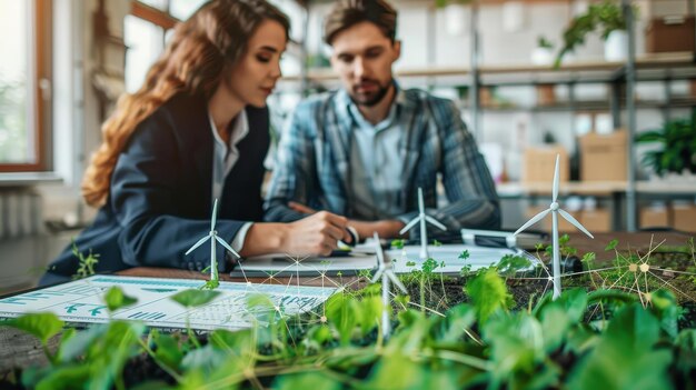 Photo business professionals discussing renewable energy projects with wind turbine models and greenery in office