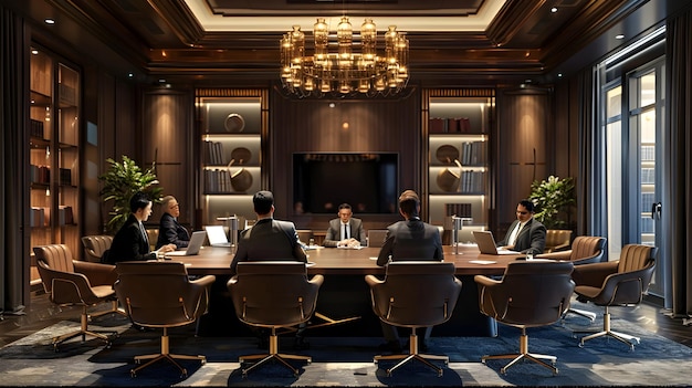 Business Professionals Discussing Strategy in Meeting Room with Laptops and Notepads