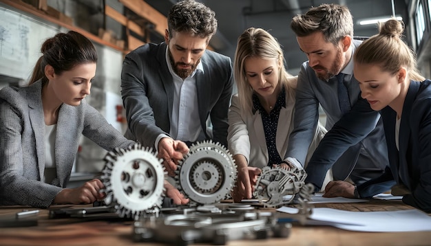 Business Professionals Examining Mechanical Gears and Blueprints