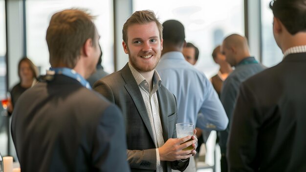 Photo business professionals mingling and networking at a corporate event with positive interactions