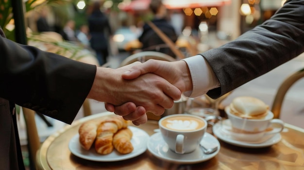 Business professionals in sharp attire shaking hands at a cafe ready to discuss partnerships over breakfast