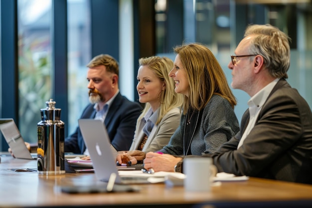 Photo business professionals at table engaged in discussion during office boardroom meeting