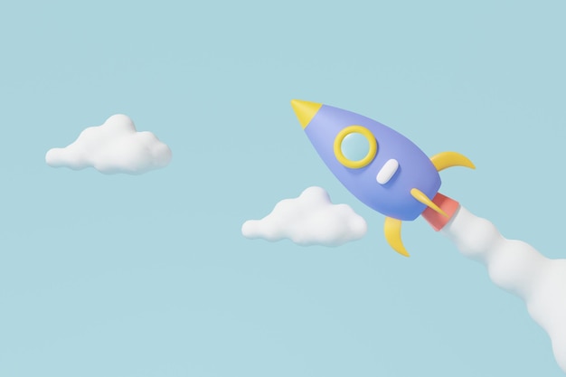 Business startup concept Spaceship rocket spewing smoke to the moon future innovation cartoon minimal style on sky blue background 3d render illustration