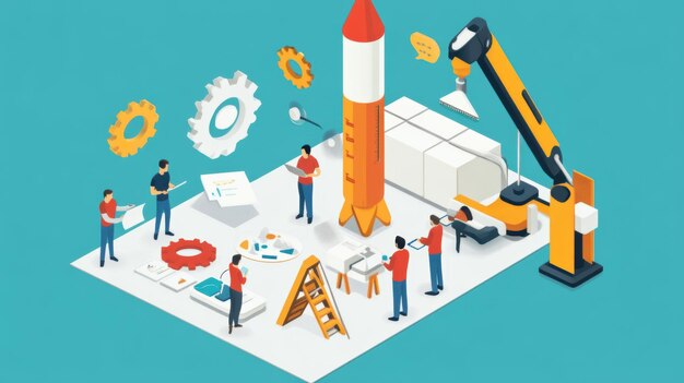 Business startup development with isometric illustration of a team building a product