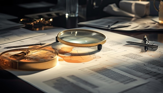 Business still life with magnifying glass and financial chart 3d rendering