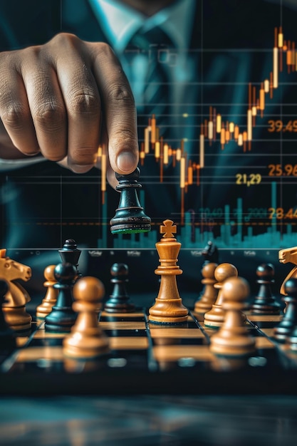 Business Strategy Concept with Chess Pieces and Financial Graphs in Background