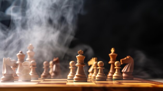 Business strategy concept with chess pieces on wood