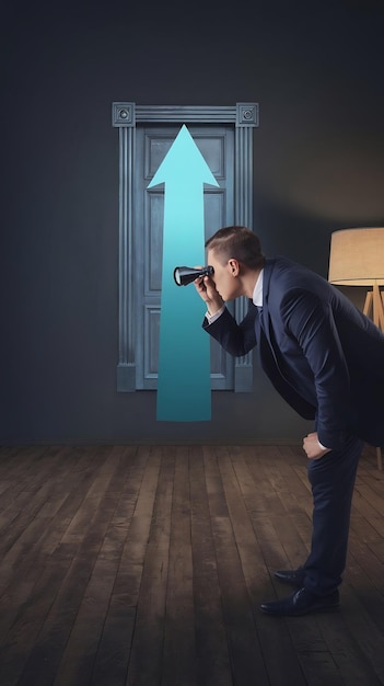 Photo business success and growth concept with man in suit using spyglass looking at door hole in form of