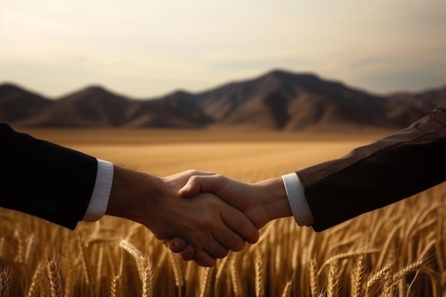 Business suits partners handshake with on wheat field deal agreement concept Agriculture