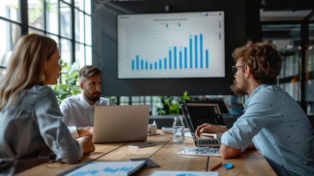 Photo a business team analyzes growth charts in a modern office setting discussing strategies and data for future success