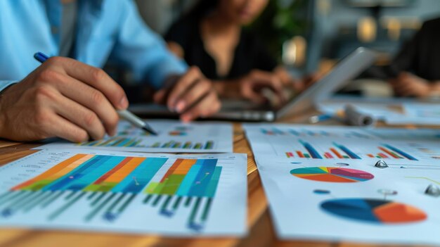 Business Team Analyzing Financial Data and Graphs in a Modern Office Setting with Focus on Hands and Documents