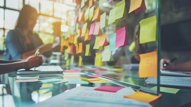 Business team brainstorming with sticky notes on a glass board while discussing ideas at a meeting table