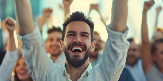 Business Team Celebrating Success with Raised Arms and Joyful Cheers Concept Teamwork Celebration Success Joy Achievement