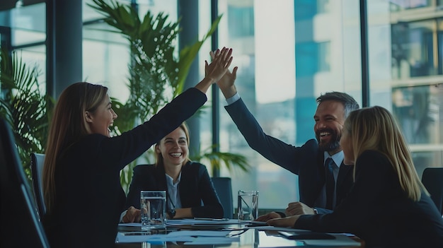 Photo business team celebrating successful corporate goal achievement in meeting room