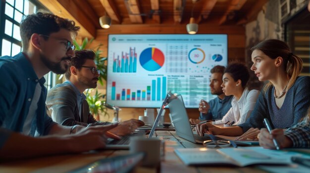 Business team discussing financial data and graph on big screen during meeting in office business