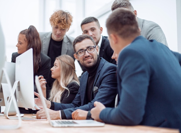 Business team discussing a new project in the workplace