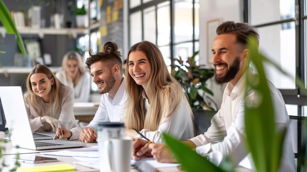 Photo a business team enthusiastically working on a new project their smiles reflecting satisfaction