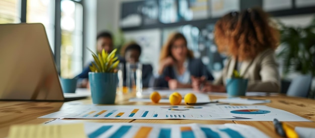 Business Team Meeting in Modern Office with Focus on Charts and Graphs on Table