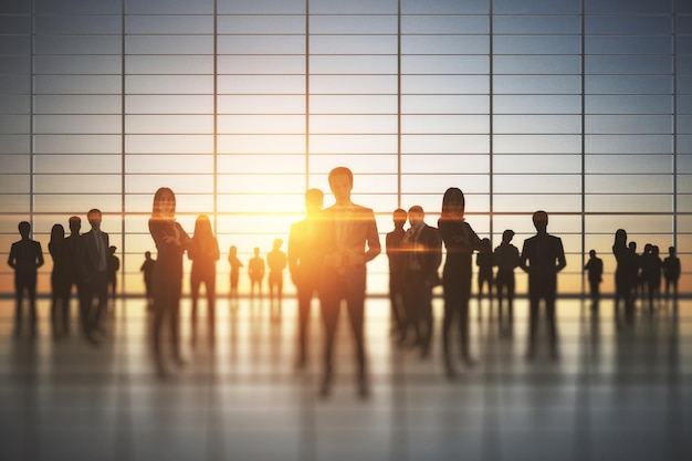 Business teamwork and corporate work concept with people silhouettes in spacious office hall at sunset