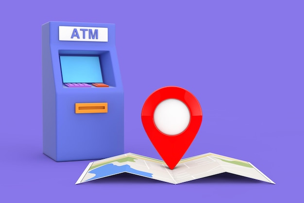 Business Technology Concept Blue Cartoon Style ATM Deposit Machine and Folded Abstract Navigation Map with Target Map Pointer Pin 3d Rendering