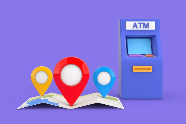 Business Technology Concept Blue Cartoon Style ATM Deposit Machine and Folded Abstract Navigation Map with Three Target Map Pointer Pins 3d Rendering