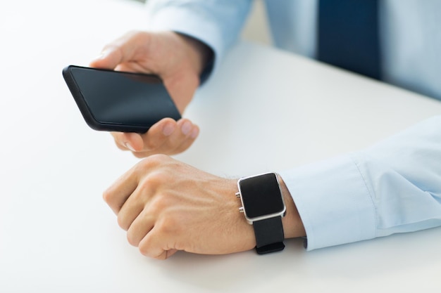 business, technology and people concept - close up of male hand holdingt smart phone and wearing watch at home