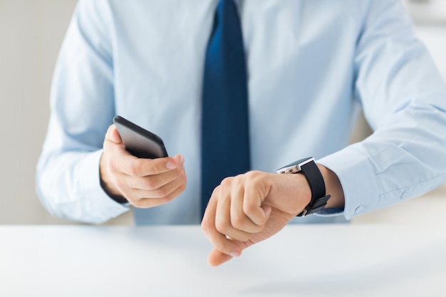 business, technology and people concept - close up of male hand holdingt smart phone and wearing watch at home