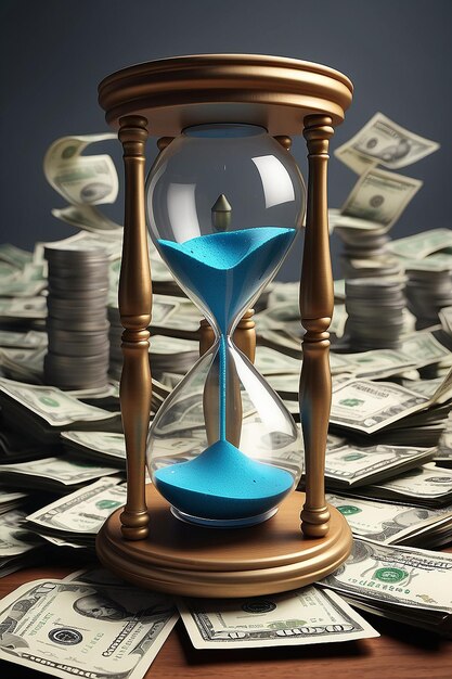 Photo business time money hourglass an hourglass resting on a pile of american money