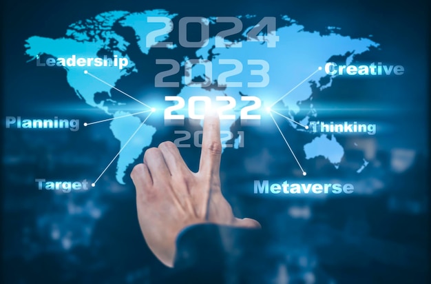 Business touch number new year 2021 - 2022, map navigating the virtual world ,Business analytics and financial, new planning, new budget, metaverse in 2022, thinking idea and creative,target business