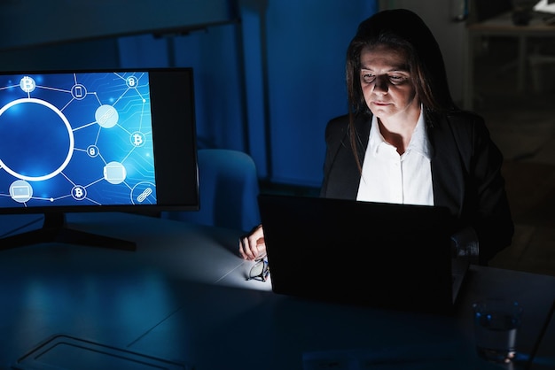 Business trader woman working at night inside fintech company office doing blockchain research  Focus screen