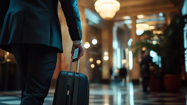 A business traveler walks through a luxury hotel lobby while checking a smartphone during the evening