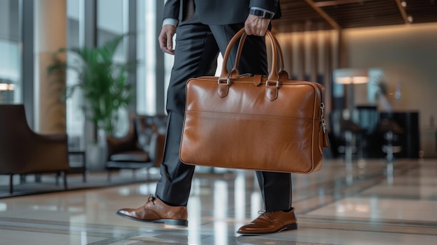 Business Traveler with Leather CarryOn Bag in Modern Office Space for Professional Use