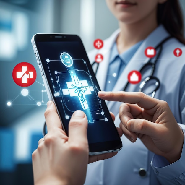 Business using smartphone with virtual medical health care icons on network technology