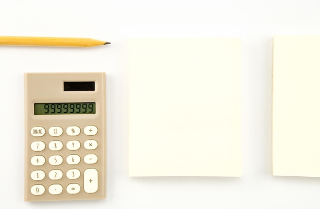 Business white paper card and pencil calculator on white background