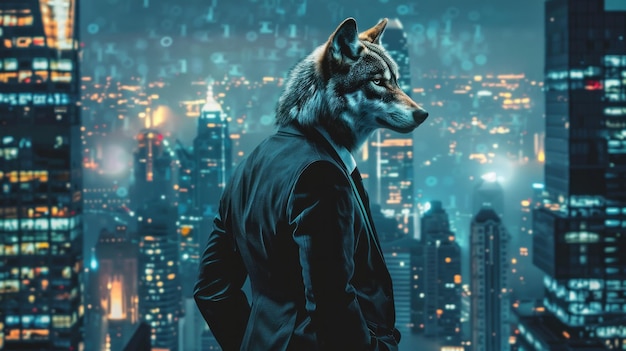 A business wolf in a sleek suit discussing Bitcoin trends on a digital city backdrop