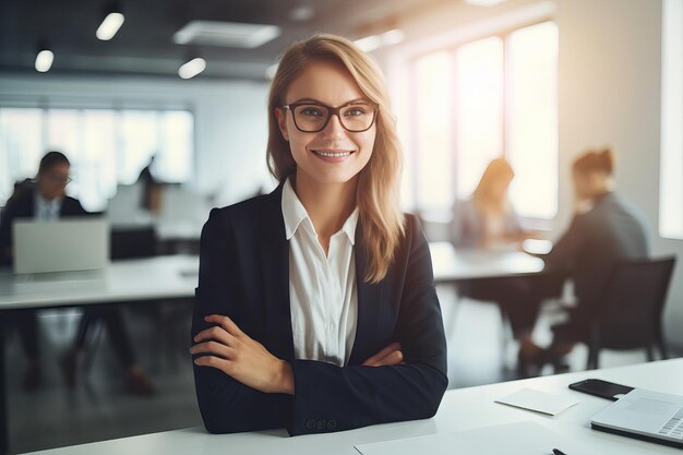 Business woman arms crossed portrait and smile desk in office for paperwork laptop or administration