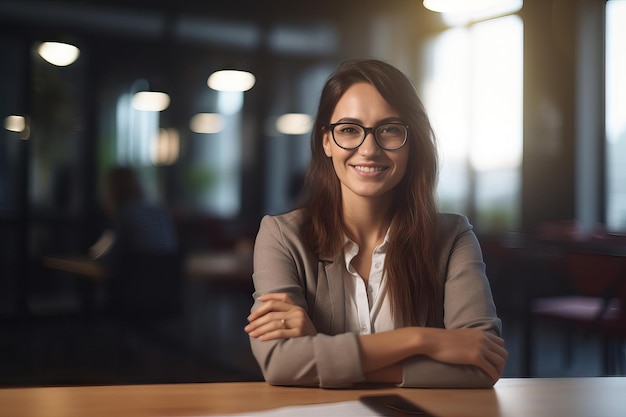 Business woman arms crossed portrait and smile desk in office for paperwork laptop or administration