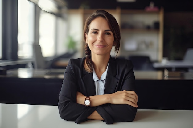 Business woman arms crossed portrait and smile desk in office for paperwork laptop or administration