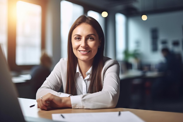 Business woman arms crossed portrait and smile desk in office for paperwork laptop or administration