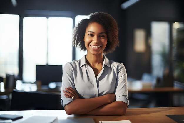 Business woman arms crossed portrait and smile desk in office for paperwork laptop or administration