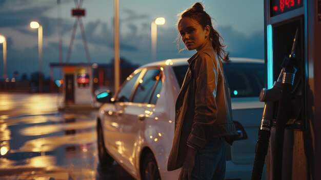 Business woman on filling station while filling her car